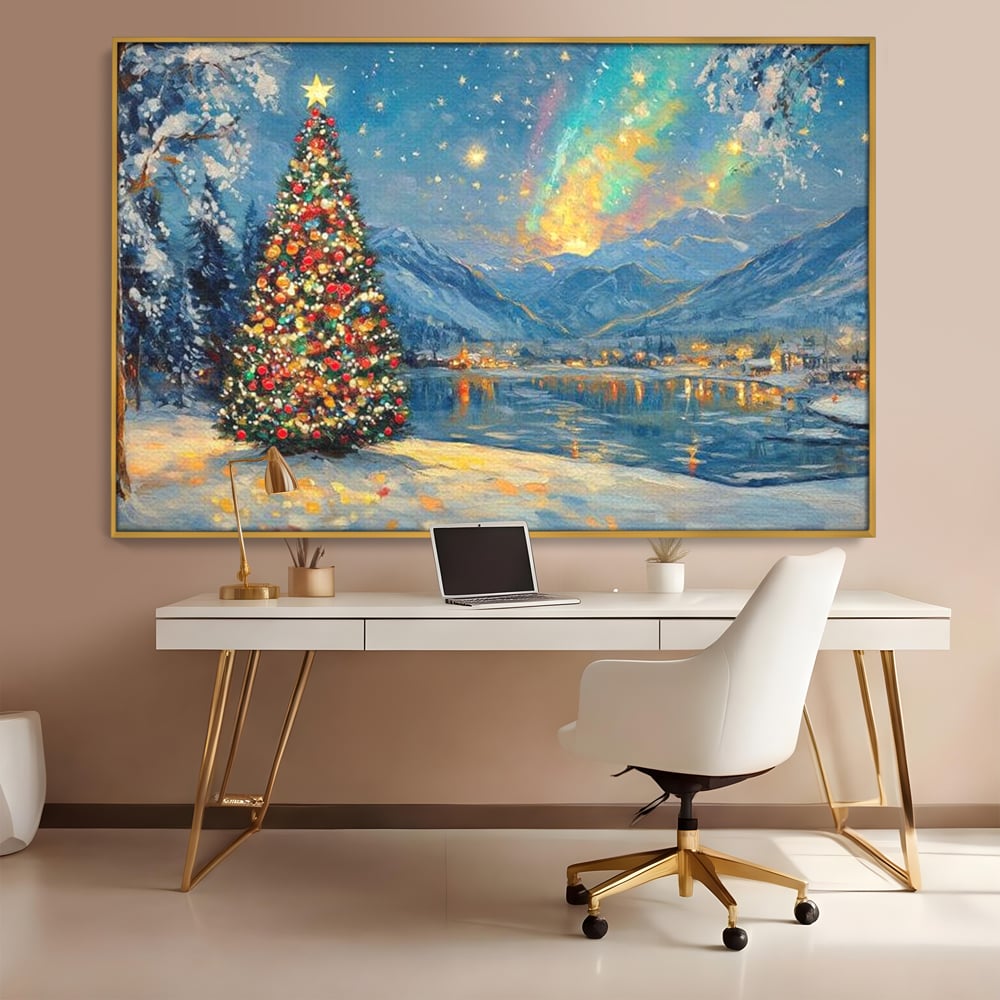 Tablou canvas cu pictura cu brad de craciun pe malul lacului, in rama de aluminiu auriu, pe perete intr-un birou